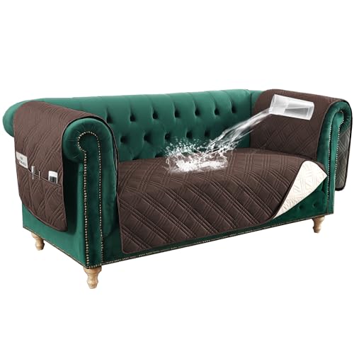 PrimeBeau 100% Waterproof Loveseat Couch Covers Traditional Chesterfield Sofa Covers with Extra Long Armrest Cover Waterproof and Washable Thick Couch Cover for Dogs (1 Piece)