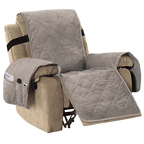 H.VERSAILTEX Thick Velvet Quilted Recliner Covers for Recliner Chair Covers Reclining Chair Slipcover Recliner Couch Cover with Non Slip Backing and Wider Elastic Strap (Oversaized Recliner, Taupe)