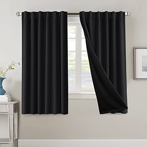 PrimeBeau 100% Blackout Curtains with Black Liner Back Tab Top, 2 Panels (52 Series)