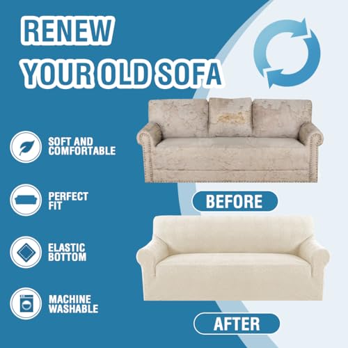 H.VERSAILTEX 2024 Newest Jacquard Couch Covers for 3 Cushion Couch 1 Piece Stretch Sofa Covers Furniture Protector Anti-Slip Soft Thickened Dogs Slipcovers Washable Leopard Pattern(Sofa, Ivory)