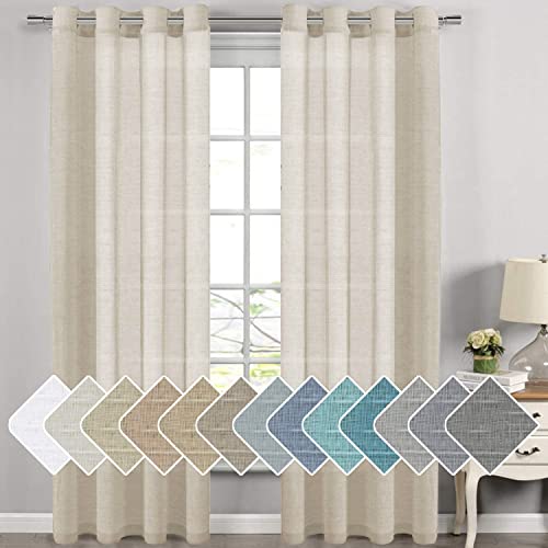 PrimeBeau Faux Linen Grommet Sheer Curtains - Set of 2 Panels 52 Series Long