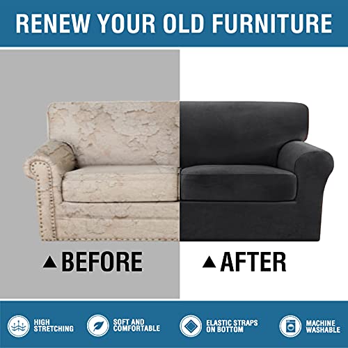 PrimeBeau Real Velvet Plush 3 Piece Stretch Loveseat Covers Couch Covers for 2 Cushions Couch Loveseat Covers