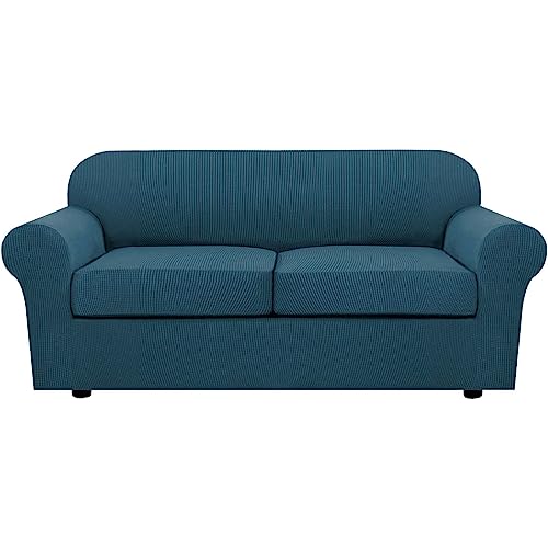 H.VERSAILTEX 3 Piece Stretch Sofa Covers for 2 Cushion Sofa Couch Covers for Living Room Sofa Slipcovers (Base Cover Plus 2 Seat Cushion Covers) Thicker Jacquard Fabric(Large Sofa, Deep Teal)