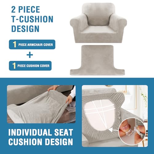 PrimeBeau 2 Piece Armchair Slipcovers Thick Velvet Couch Cover Furniture Protector Stretch Sofa Covers for 1 Cushion Couch with 1 Individual T Cushion Covers Washable