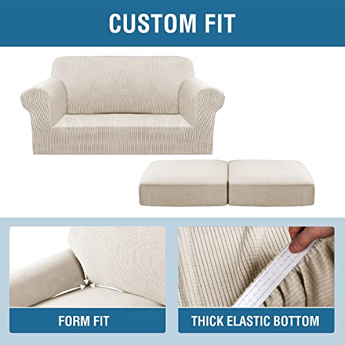 H.VERSAILTEX 3 Piece Stretch Sofa Covers for 2 Cushion Loveseat Couch Covers for Living Room Furniture Cover (Base Cover Plus 2 Seat Cushion Covers) Thicker Jacquard Fabric(Medium, Island Fossi)