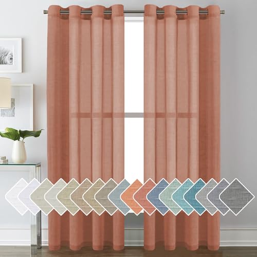 PrimeBeau Faux Linen Grommet Sheer Curtains - Set of 2 Panels 52 Series Long
