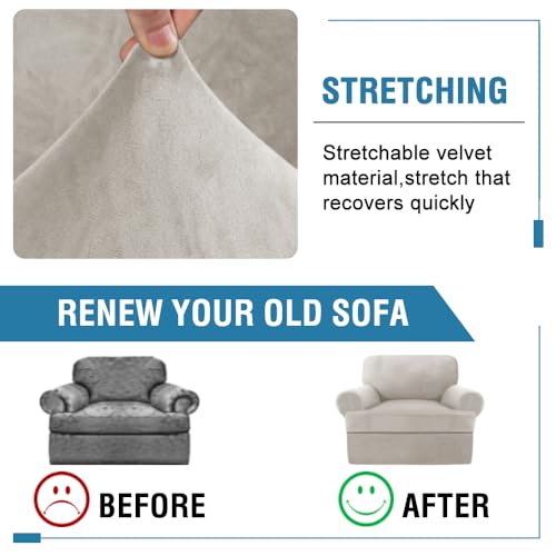 PrimeBeau 2 Piece Armchair Slipcovers Thick Velvet Couch Cover Furniture Protector Stretch Sofa Covers for 1 Cushion Couch with 1 Individual T Cushion Covers Washable