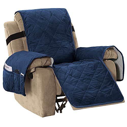 H.VERSAILTEX Thick Velvet Quilted Recliner Covers for Recliner Chair Covers Reclining Chair Slipcover Recliner Couch Cover with Non Slip Backing and Wider Elastic Strap (Recliner, Navy)