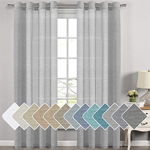 PrimeBeau Faux Linen Grommet Sheer Curtains - Set of 2 Panels 52 Series Long