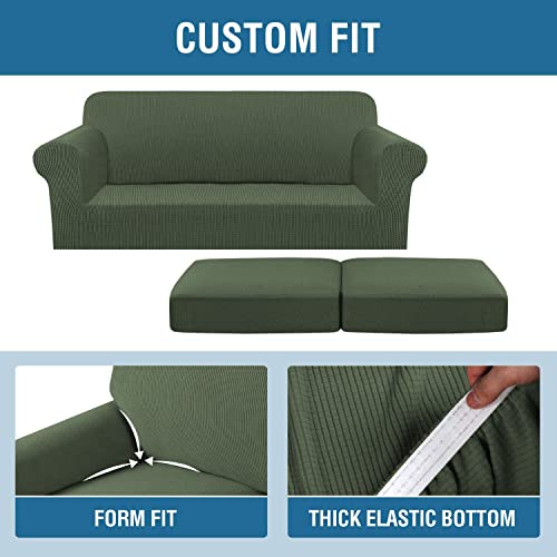 H.VERSAILTEX 3 Piece Stretch Sofa Covers for 2 Cushion Sofa Couch Covers for Living Room Furniture Cover (Base Cover Plus 2 Seat Cushion Covers) Thicker Jacquard Fabric(Large Sofa, Bronze Green)