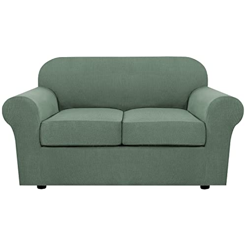 H.VERSAILTEX 3 Piece Stretch Sofa Covers for 2 Cushion Loveseat Couch Covers for Living Room Sofa Slipcovers (Base Cover Plus 2 Seat Cushion Covers) Thicker Jacquard Fabric(Medium, Loden Frost)