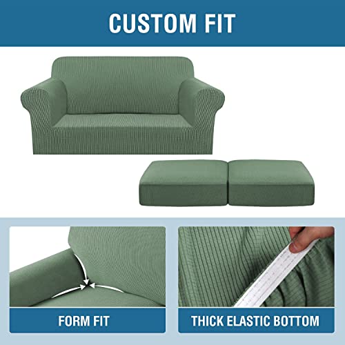 H.VERSAILTEX 3 Piece Stretch Sofa Covers for 2 Cushion Loveseat Couch Covers for Living Room Sofa Slipcovers (Base Cover Plus 2 Seat Cushion Covers) Thicker Jacquard Fabric(Medium, Loden Frost)
