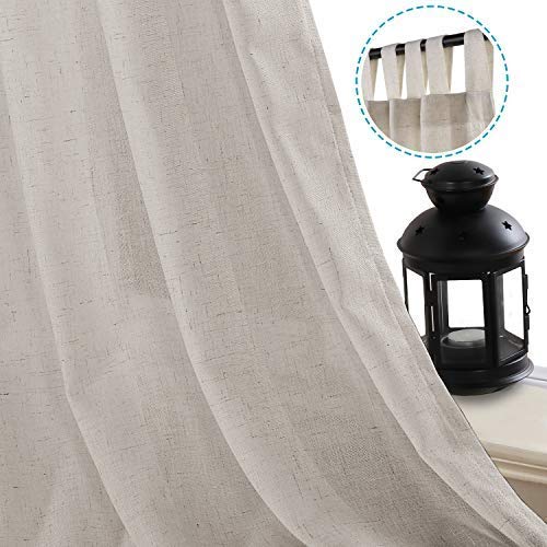 PrimeBeau Natural Linen Mix Tab Top Curtains, Light Filtering Panels (Set of 2)