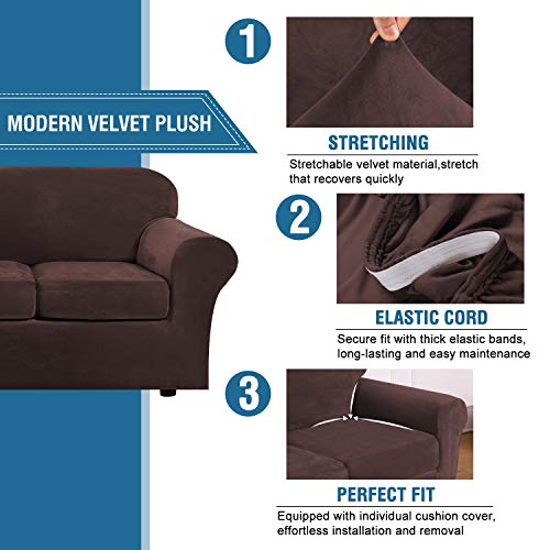 PrimeBeau Velvet 4 Piece High Stretch Sofa Slipcover Sofa Cover Furniture Protector Form Fit Thick Velvet Extra Large Sofa Cover for 3 Cushion Couch Covers