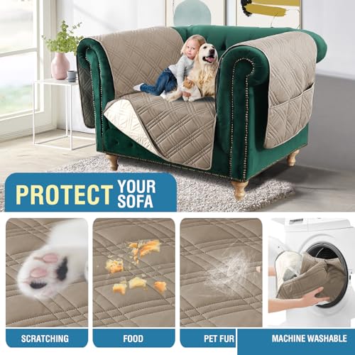 PrimeBeau 100% Waterproof Oversized Armchair Couch Covers Traditional Chesterfield Sofa Covers with Extra Long Armrest Cover Waterproof and Washable Thick Couch Cover for Dogs (1 Piece)