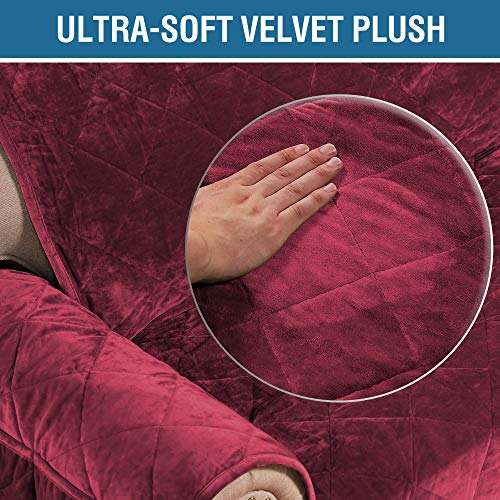 H.VERSAILTEX Thick Velvet Quilted Recliner Covers for Recliner Chair Cover Reclining Chair Slipcover Recliner Couch Cover with Non Slip Backing and Wider Elastic Strap (Oversaized Recliner, Burgundy)