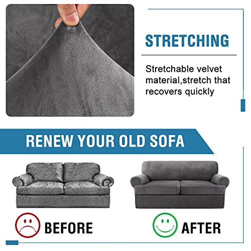 PrimeBeau Sofa Cover 3 Pieces T Cushion Loveseat Slipcovers Thick Velvet Couch Cover Furniture Protector Stretch T Cushion Sofa Covers for 2 Cushion Couch with 2 T Cushion Covers Washable