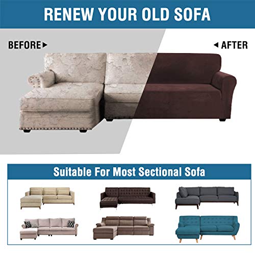 PrimeBeau 2 Pieces L-Shaped Rich Velvet Stretch Sofa Covers Anti-Slip Sectional Slipcovers with Straps Bottom Luxury Thick Velvet Corner Sofa Cover
