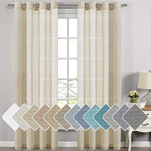 PrimeBeau Faux Linen Grommet Sheer Curtains - Set of 2 Panels 52 Series Long