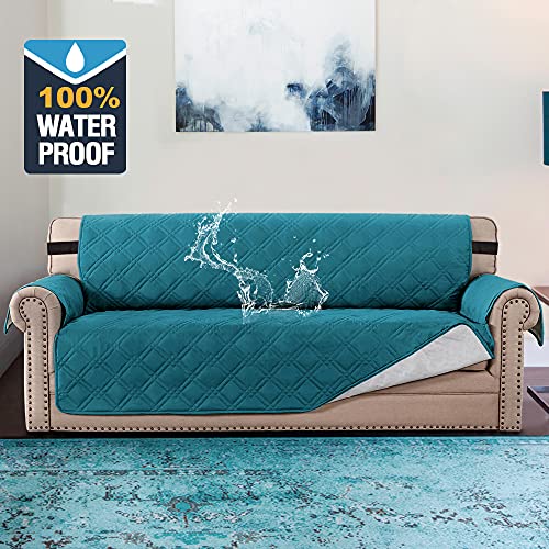 PrimeBeau 100% Waterproof Sofa Cover Protector | Couch Slipcover for 3 Cushion Couch | Non Slip Backing, Adjustable Strap | 5-Layers Material | Fits Seat Width up to 68"