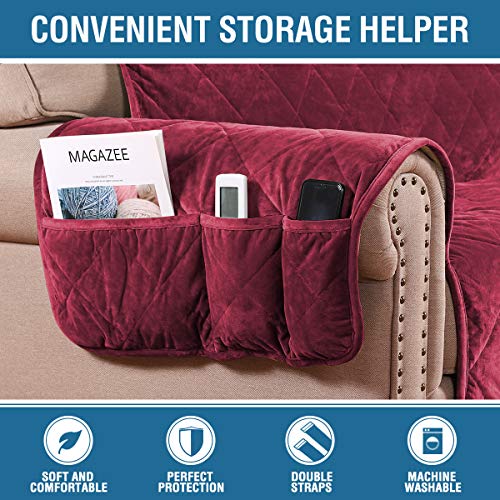 H.VERSAILTEX Thick Velvet Quilted Recliner Covers for Recliner Chair Cover Reclining Chair Slipcover Recliner Couch Cover with Non Slip Backing and Wider Elastic Strap (Oversaized Recliner, Burgundy)