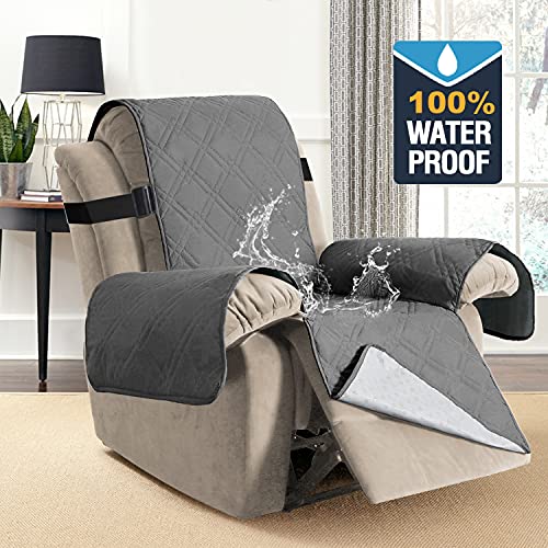 H.VERSAILTEX 100% Waterproof Recliner Chair Cover Non-Slip Reclining Slipcovers Washable Recliner Covers for Recliner Chair Furniture Protector with Elastic Straps for Kids, Pets (Recliner, Grey)