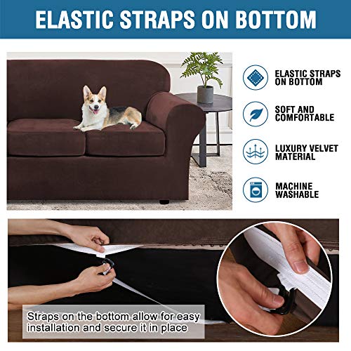 PrimeBeau Velvet 4 Piece High Stretch Sofa Slipcover Sofa Cover Furniture Protector Form Fit Thick Velvet Extra Large Sofa Cover for 3 Cushion Couch Covers