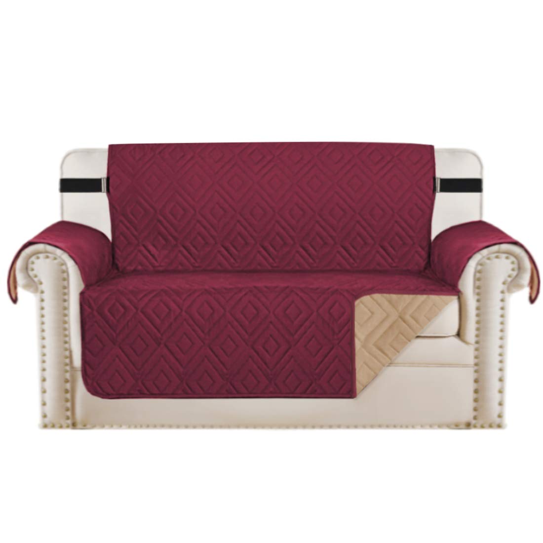 PrimeBeau Reversible Loveseat Cover Furniture Protector Anti-Slip Water Resistant 2 Inch Wide Elastic Straps Couch Covers
