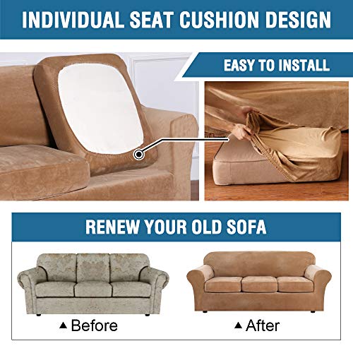 PrimeBeau Velvet 4 Piece High Stretch Sofa Slipcover Sofa Cover Furniture Protector Form Fit Thick Velvet Extra Large Sofa Cover for 3 Cushion Couch Covers