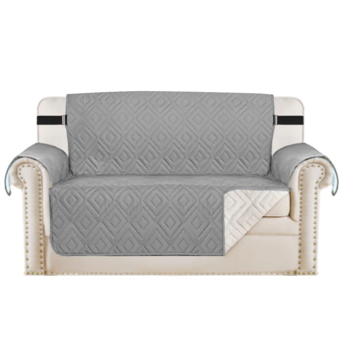 PrimeBeau Reversible Loveseat Cover Furniture Protector Anti-Slip Water Resistant 2 Inch Wide Elastic Straps Couch Covers