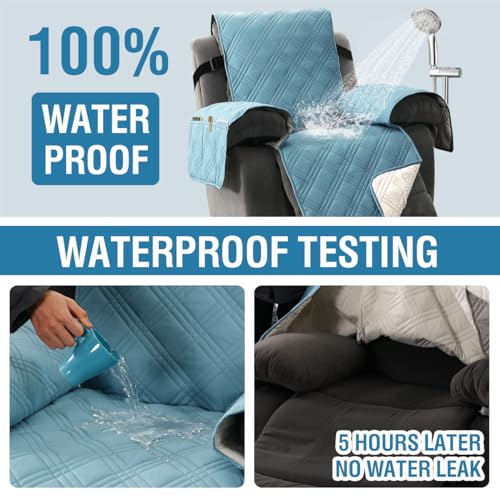 H.VERSAILTEX 100% Waterproof Small Recliner Chairs for Adults Lazy Boy Recliner Chair Covers Furniture Protector with Elastic Straps for Pets Kids Sitting Width Up to 23" (Recliner, Smoke Blue/Beige)