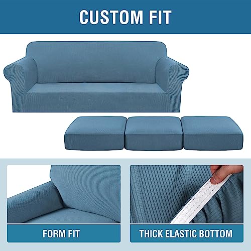 H.VERSAILTEX 4 Piece Stretch Sofa Covers for 3 Cushion Couch Covers for Living Room Furniture Slipcovers (Base Cover Plus 3 Seat Cushion Covers) Upgraded Thicker Jacquard Fabric (XL Sofa, Dusty Blue)