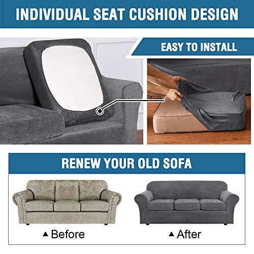 PrimeBeau Real Velvet Plush 3 Piece Stretch Sofa Covers Couch Covers for 2 Cushion Couch Loveseat Covers