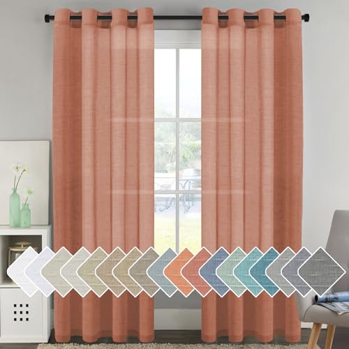 PrimeBeau Faux Linen Grommet Sheer Curtains - Set of 2 Panels 52 Series Long