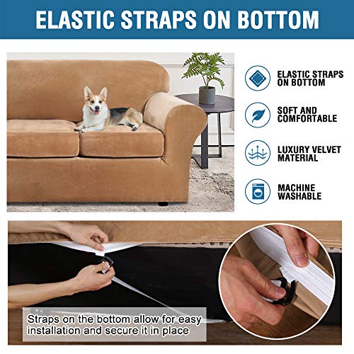 PrimeBeau Velvet 4 Piece High Stretch Sofa Slipcover Sofa Cover Furniture Protector Form Fit Thick Velvet Extra Large Sofa Cover for 3 Cushion Couch Covers