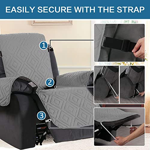 H.VERSAILTEX Reversible Quilted Recliner Covers Water Resistant Furniture Protector for Reclienr Chair with Elastic Straps for Pets Kids Sitting Width Up to 28"(Oversized Recliner, Light Grey/Beige)