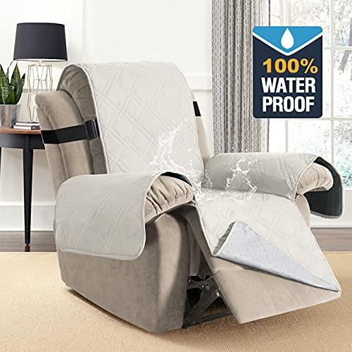 H.VERSAILTEX Waterproof Recliner Cover Non Slip Recliner Chair Covers with Elastic Straps Washable Recliner Covers for Recliner Chair Magic Furniture Protector for Kids and Pets (Recliner, Off White)