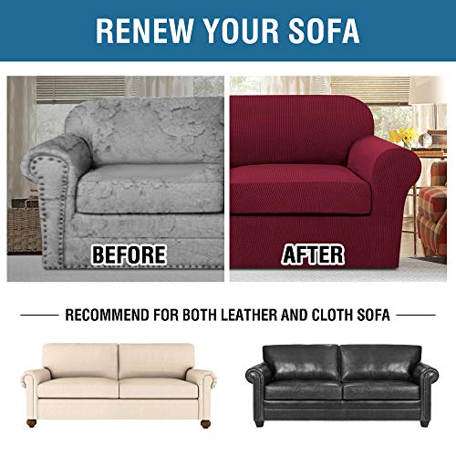 H.VERSAILTEX 3 Piece Stretch Sofa Covers for 2 Cushion Sofa Couch Covers for Living Room Furniture Cover (Base Cover Plus 2 Seat Cushion Covers) Thicker Jacquard Fabric(Large Sofa, Burgundy)