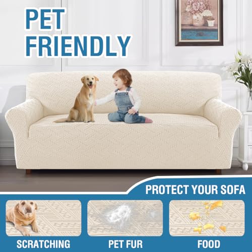 H.VERSAILTEX 2024 Newest Jacquard Couch Covers for 3 Cushion Couch 1 Piece Stretch Sofa Covers Furniture Protector Anti-Slip Soft Thickened Dogs Slipcovers Washable Wind Bell Pattern(Sofa, Ivory)