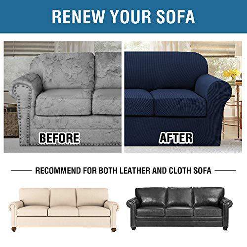 H.VERSAILTEX 4 Piece Stretch Sofa Covers for 3 Cushion Couch Covers for Living Room Furniture Slipcovers (Base Cover Plus 3 Seat Cushion Covers) Upgraded Thicker Jacquard Fabric (Sofa, Navy)