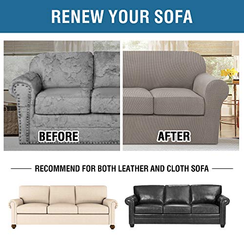 H.VERSAILTEX 4 Piece Stretch Sofa Covers for 3 Cushion Couch Covers for Living Room Furniture Slipcovers (Base Cover Plus 3 Seat Cushion Covers) Upgraded Thicker Jacquard Fabric (Sofa, Taupe)