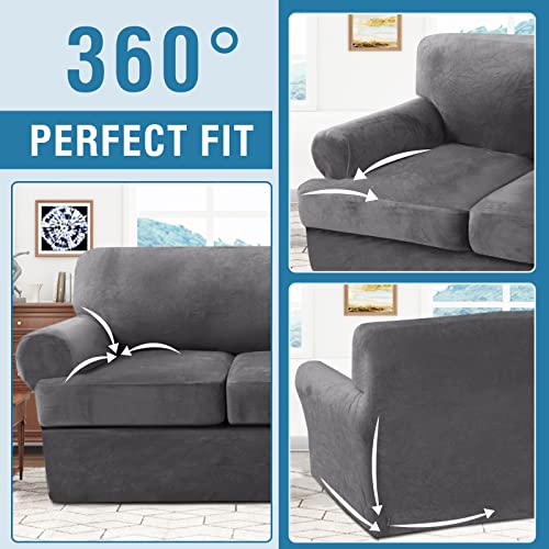 PrimeBeau Sofa Cover 3 Pieces T Cushion Loveseat Slipcovers Thick Velvet Couch Cover Furniture Protector Stretch T Cushion Sofa Covers for 2 Cushion Couch with 2 T Cushion Covers Washable