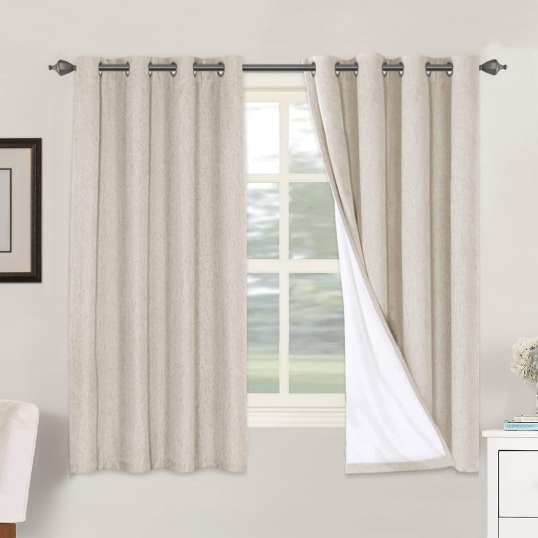 PrimeBeau 100% Blackout Linen Mixed Curtains, set of 2 Panels, 52 Series Short