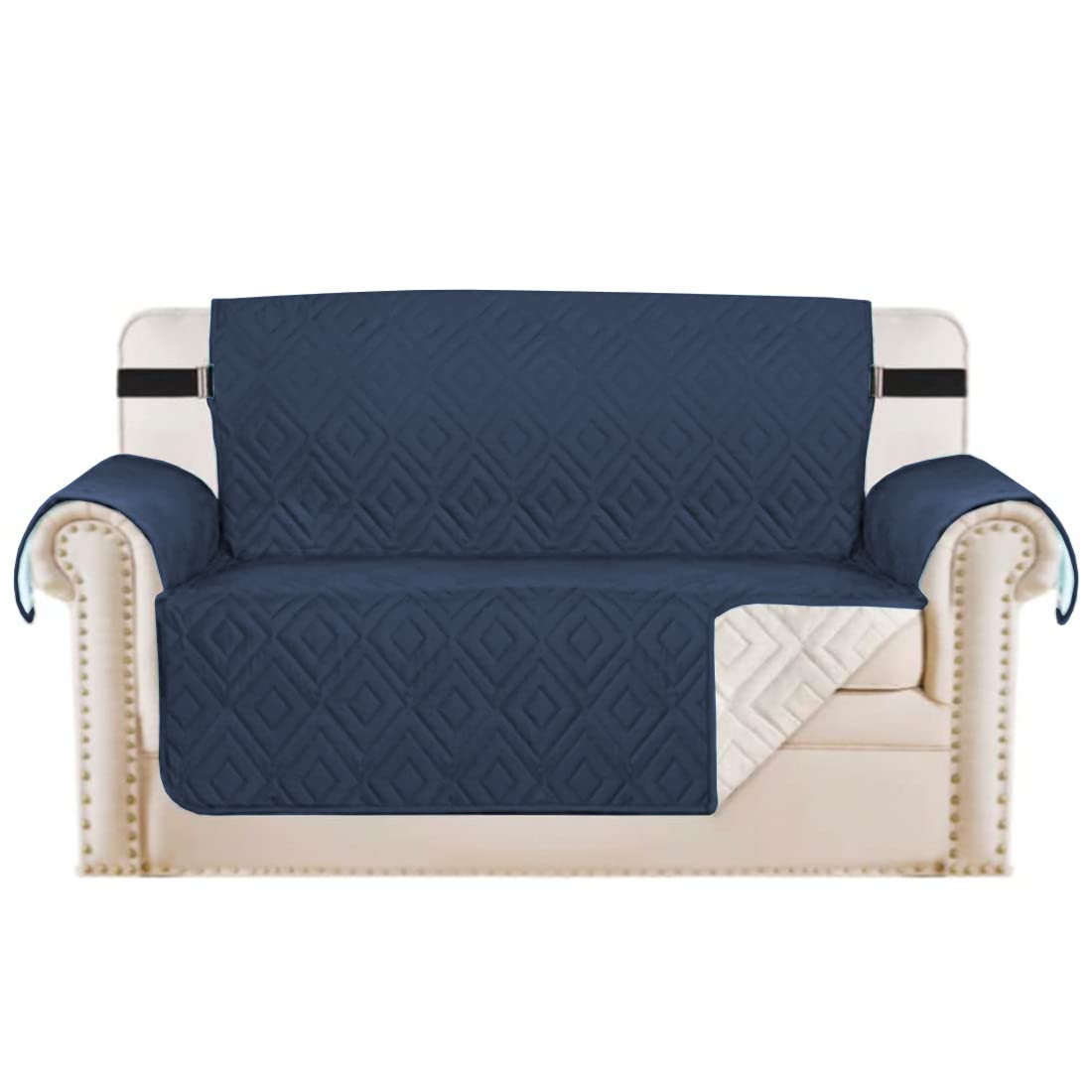 PrimeBeau Reversible Loveseat Cover Furniture Protector Anti-Slip Water Resistant 2 Inch Wide Elastic Straps Couch Covers