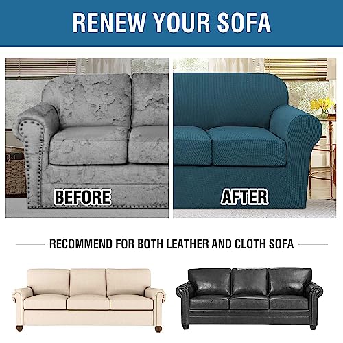 H.VERSAILTEX 4 Piece Stretch Sofa Covers for 3 Cushion Couch Covers for Living Room Furniture Slipcovers (Base Cover Plus 3 Seat Cushion Covers) Upgraded Thicker Jacquard Fabric (Sofa, Deep Teal)