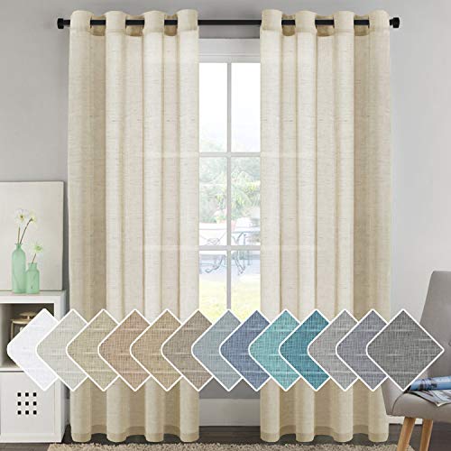 PrimeBeau Faux Linen Grommet Sheer Curtains - Set of 2 Panels 52 Series Long