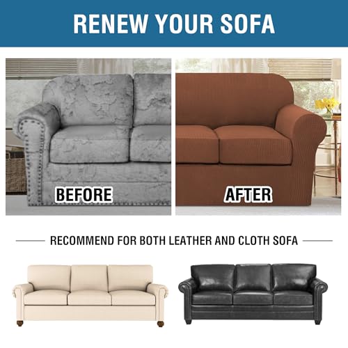 H.VERSAILTEX 4 Piece Stretch Sofa Covers for 3 Cushion Couch Covers for Living Room Furniture Slipcovers (Base Cover Plus 3 Seat Cushion Covers) Upgraded Thicker Jacquard Fabric (XL Sofa, Caramel)