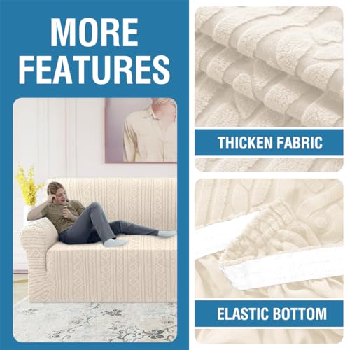 H.VERSAILTEX 2024 Newest Jacquard Couch Covers for 3 Cushion Couch 1 Piece Stretch Sofa Covers Furniture Protector Anti-Slip Soft Thickened Dogs Slipcovers Washable Spiral Pattern(Sofa, Ivory)