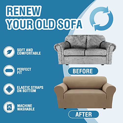 PrimeBeau 2023 Version Loveseat Cover 1-Piece Stretch Couch Covers for 2 Cushion Couch Sofa Cover Spandex Non Slip Soft Form Fit Furniture Protector with Elastic Bottom