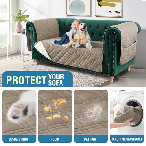 PrimeBeau 100% Waterproof Loveseat Couch Covers Traditional Chesterfield Sofa Covers with Extra Long Armrest Cover Waterproof and Washable Thick Couch Cover for Dogs (1 Piece)